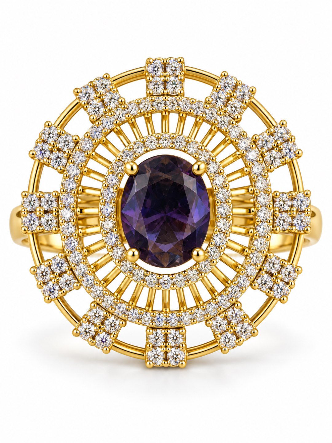 Purple Center Stone Baguette Halo Ring - Gold Plated
