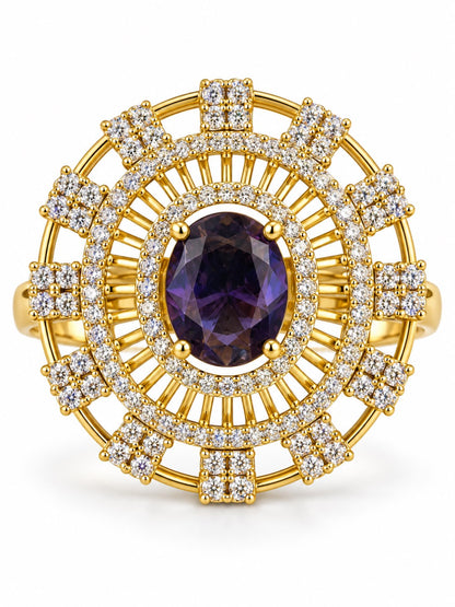 Purple Center Stone Baguette Halo Ring - Gold Plated