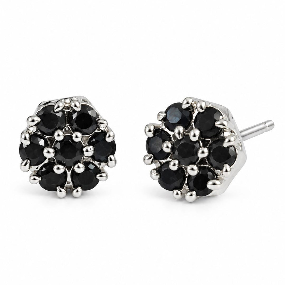 Black Stone Floral Cluster Stud Earrings, silver plated