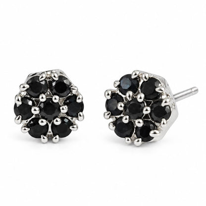 Black Stone Floral Cluster Stud Earrings, silver plated