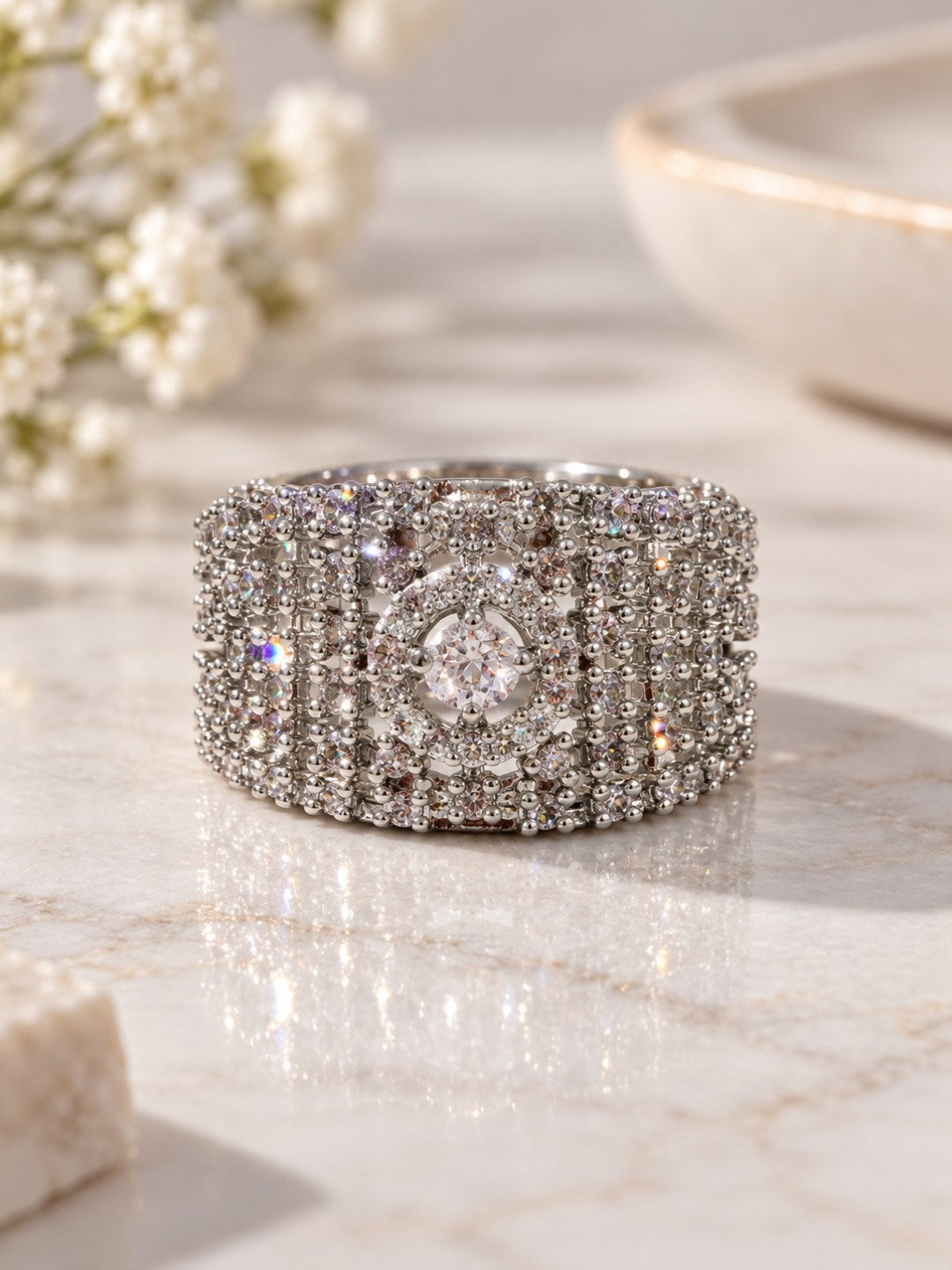 Clear Wide Pave Halo Band Ring - Silver Plated