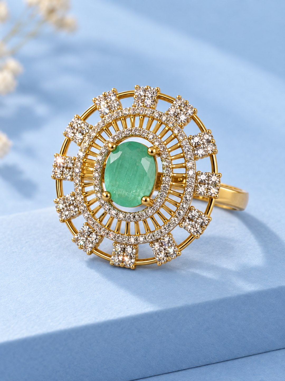 Sea Green Center Stone Baguette Halo Ring - Gold Plated