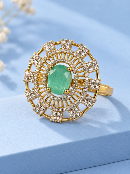 Sea Green Center Stone Baguette Halo Ring - Gold Plated