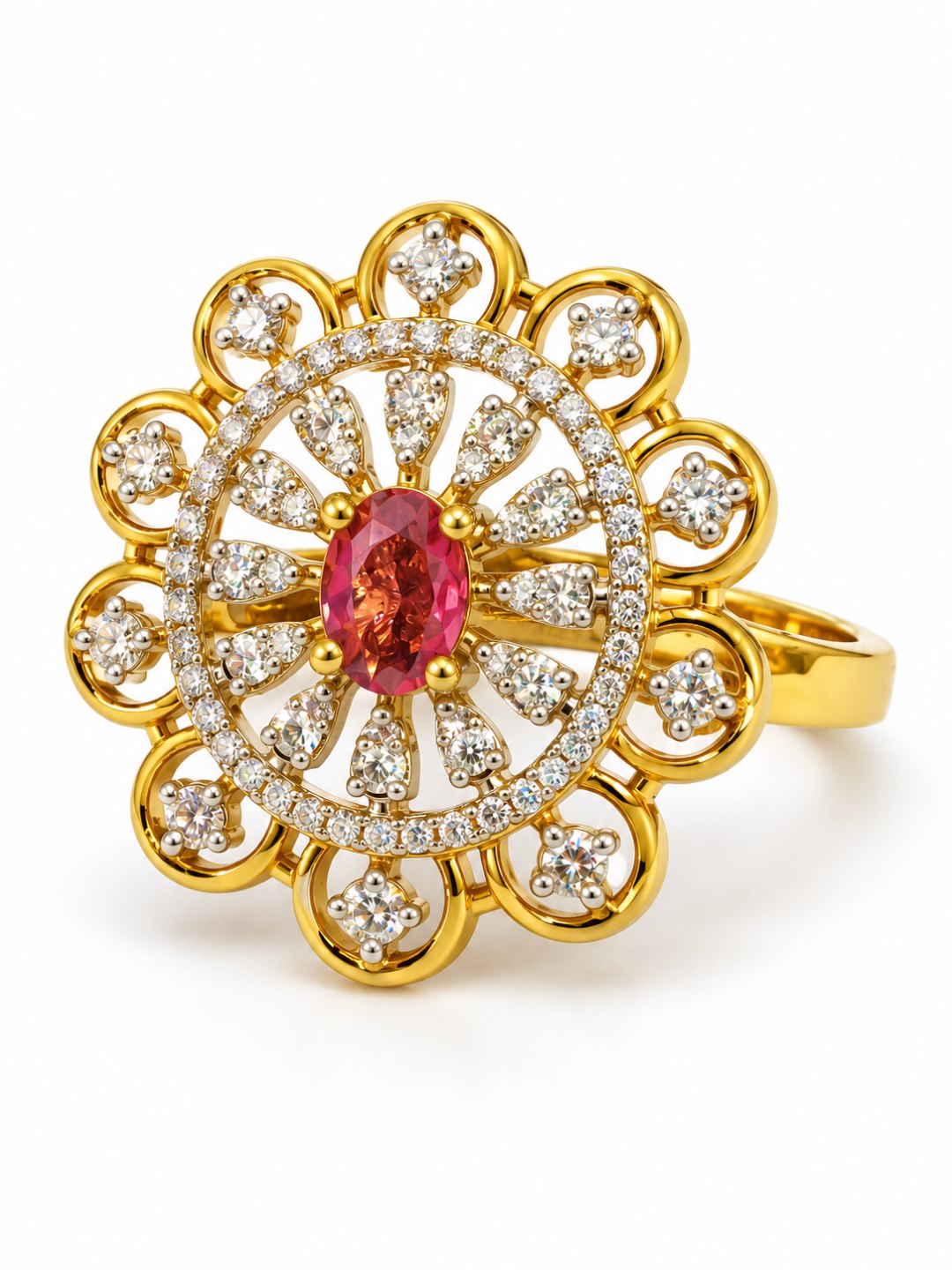 Red Center Stone Scalloped Floral Halo Ring - Gold Plated