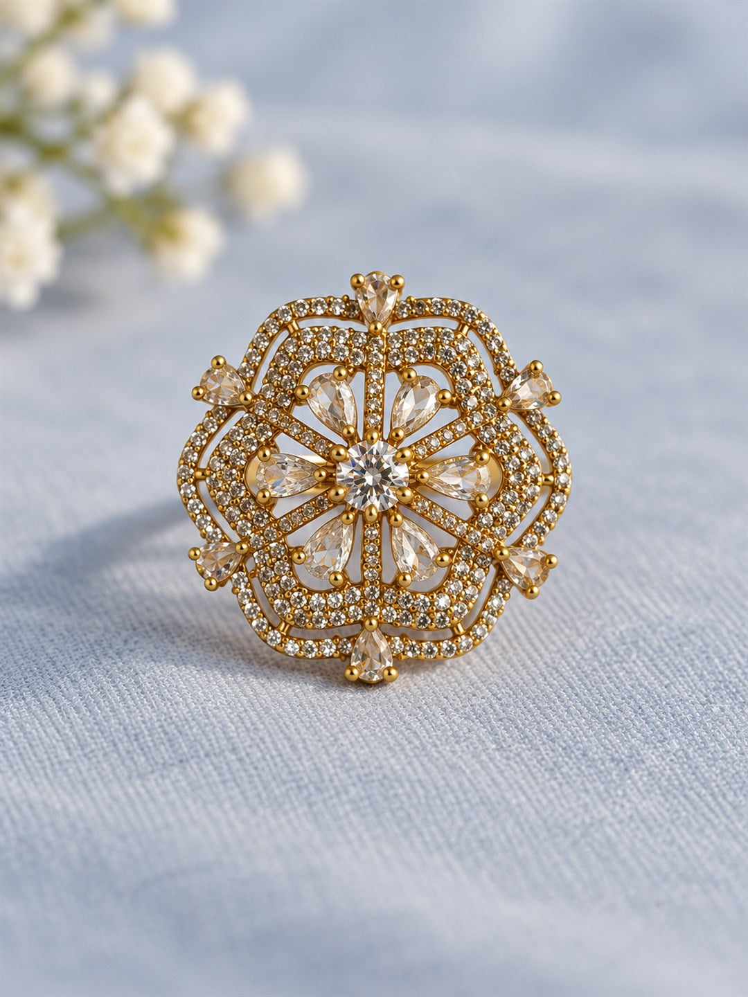 Clear Stone Scalloped Floral Halo Ring - Gold Plated, additional view 4
