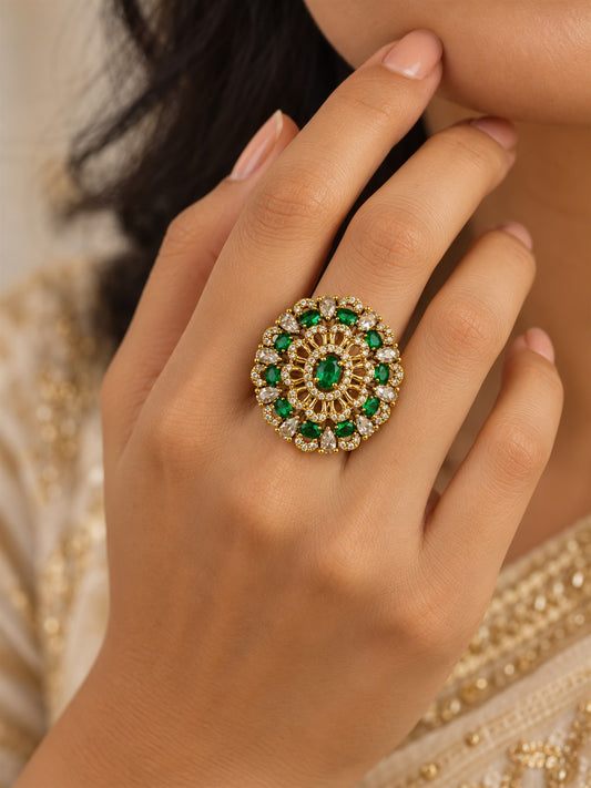 Green Stone Ornate Floral Cluster Ring - Gold Plated, model close-up