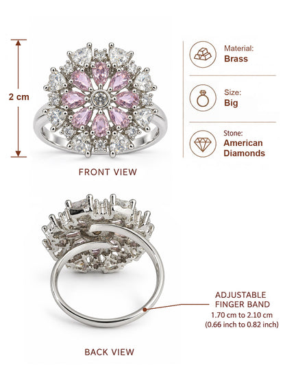 Pink Petal Halo Flower Ring - Silver Plated - alternate view
