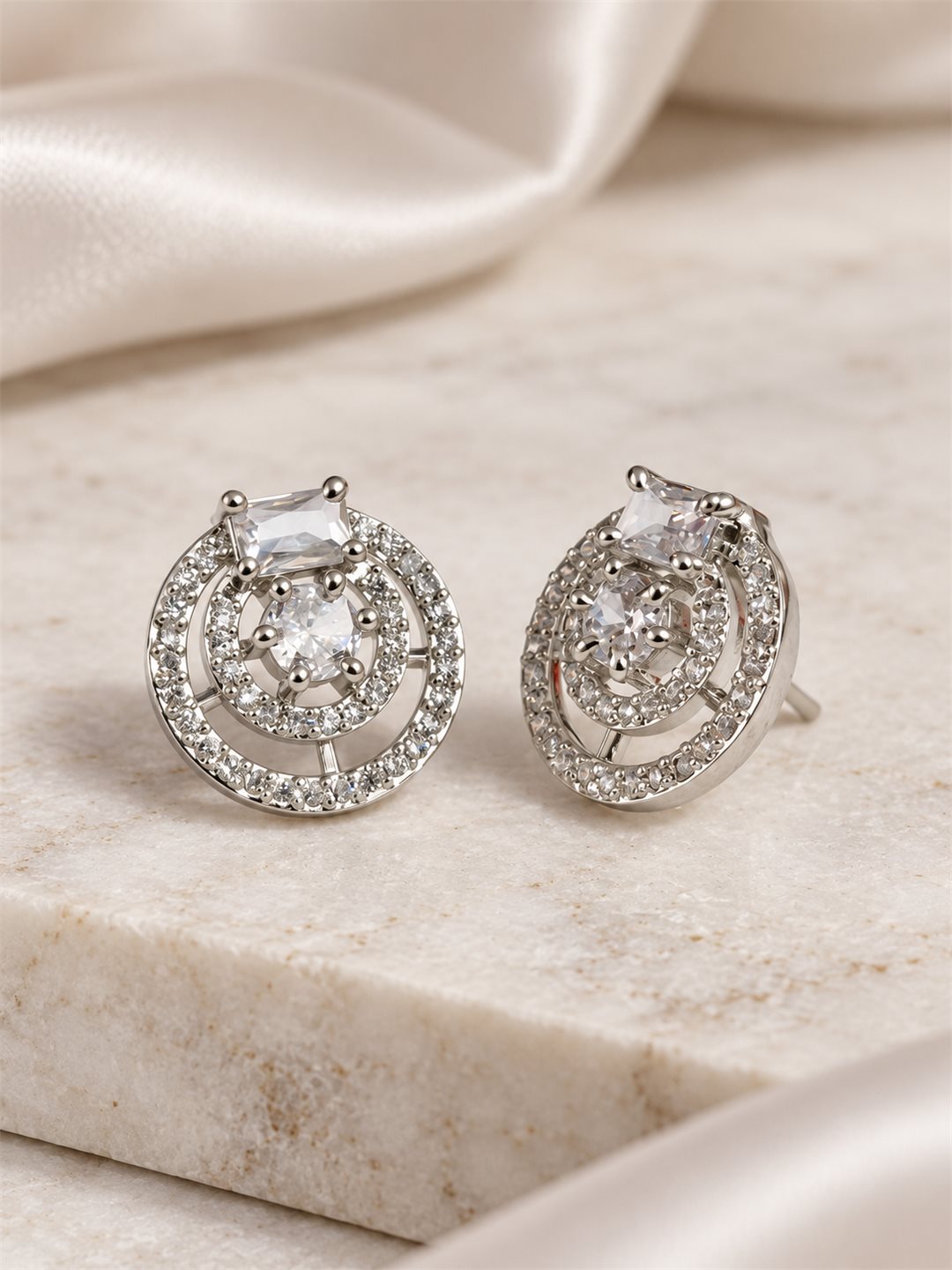 Clear Stone Double Halo Stud Earrings, silver plated, lifestyle view