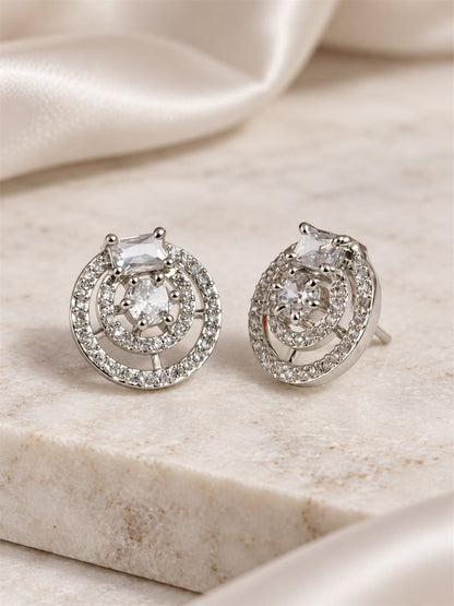 Clear Stone Double Halo Stud Earrings, silver plated, lifestyle view