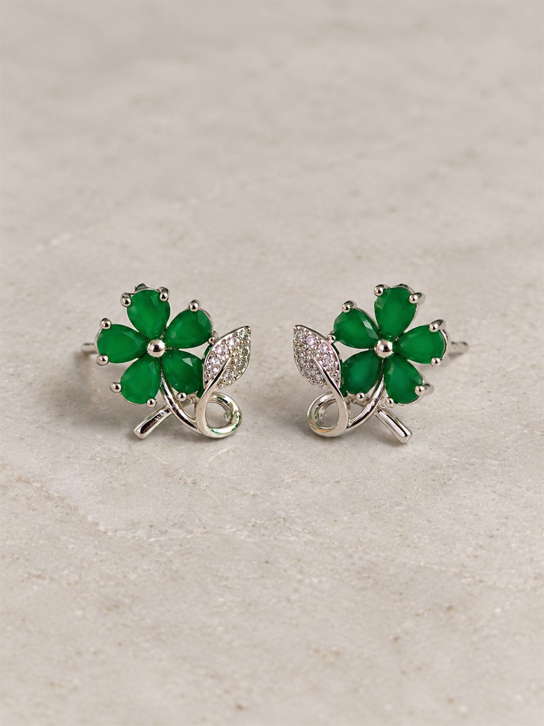 Green Flower and Leaf Stud Earrings, silver plated, lifestyle view