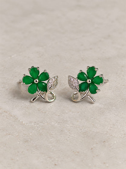 Green Flower and Leaf Stud Earrings, silver plated, lifestyle view