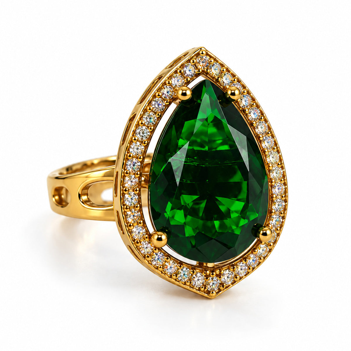 Green Pear Stone Halo Ring - Gold Plated, product view