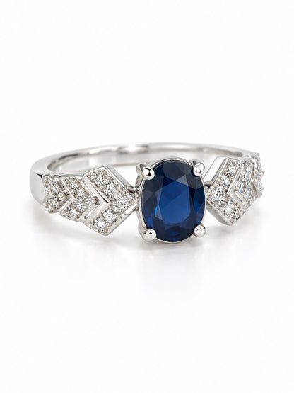 Blue Oval Center Stone Geometric Shoulder Ring - Silver Plated