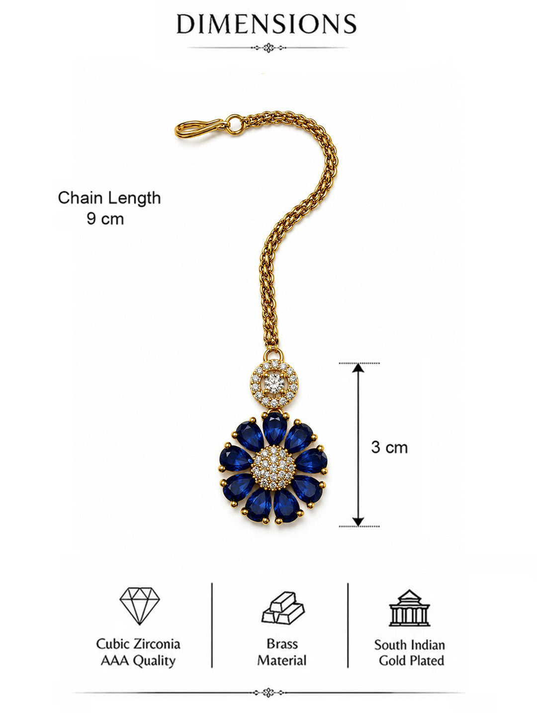 Blue Teardrop Floral Maang Tikka - Gold Plated, additional view 5