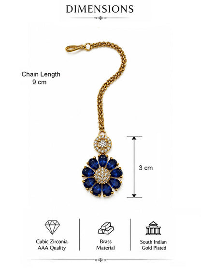 Blue Teardrop Floral Maang Tikka - Gold Plated, additional view 5
