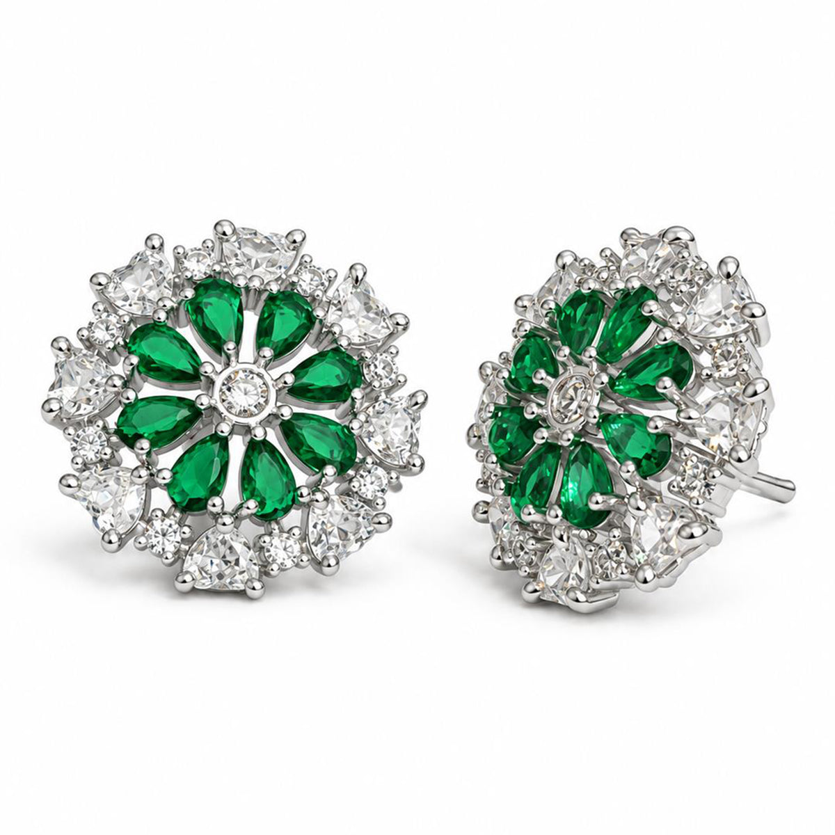 Green heart-petal flower silver-plated stud earrings