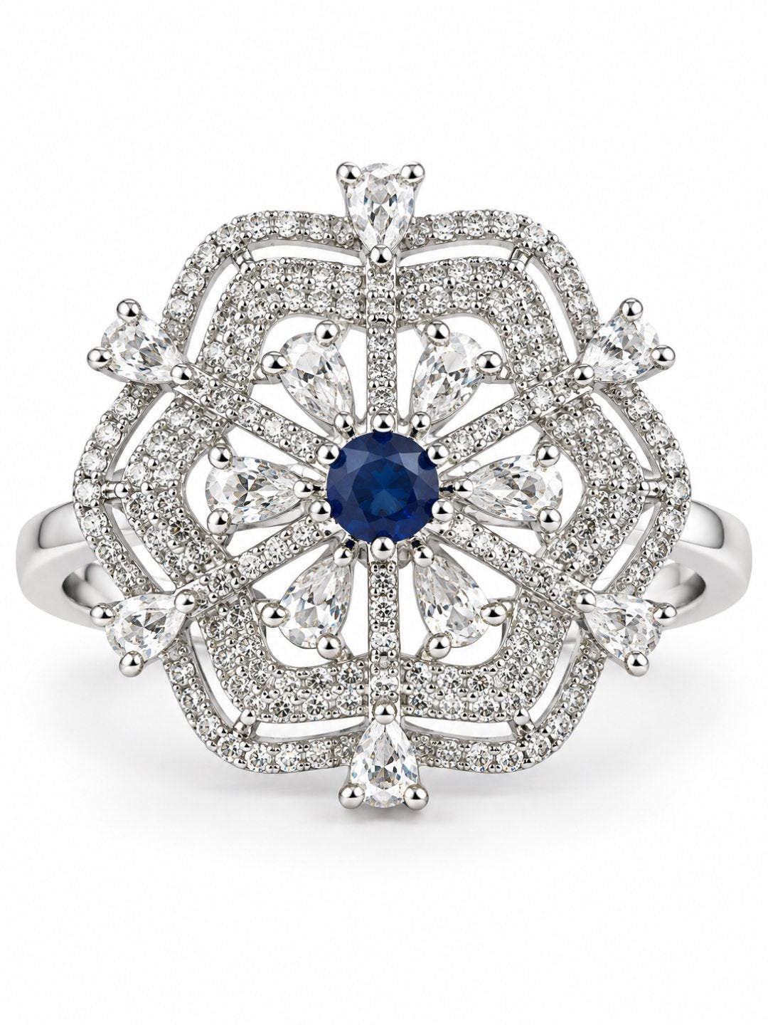 Blue Round Center Geometric Flower Ring - Silver Plated - alternate view
