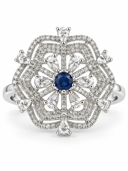 Blue Round Center Geometric Flower Ring - Silver Plated - alternate view