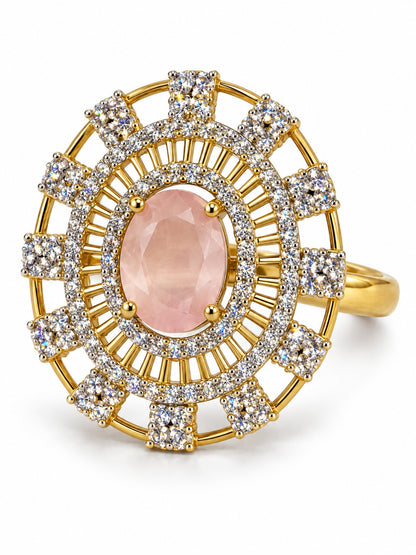 Pink Center Stone Baguette Halo Ring - Gold Plated