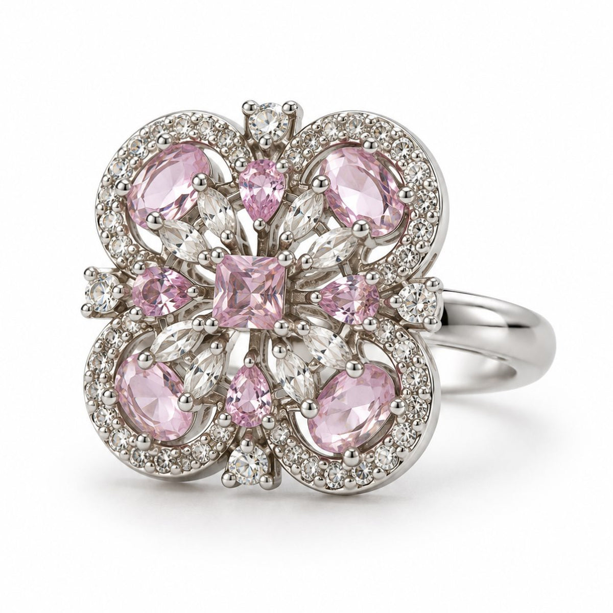 Pink Square Center Quatrefoil Ring - Silver Plated - product view
