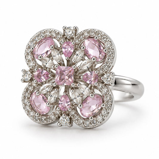 Pink Square Center Quatrefoil Ring - Silver Plated - product view