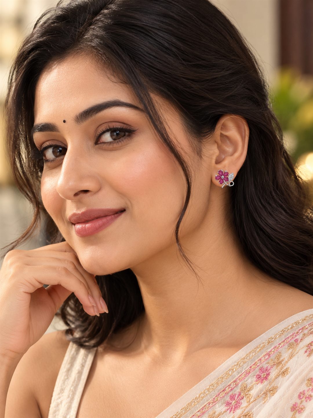 Pink Flower and Leaf Stud Earrings, silver plated, worn on model