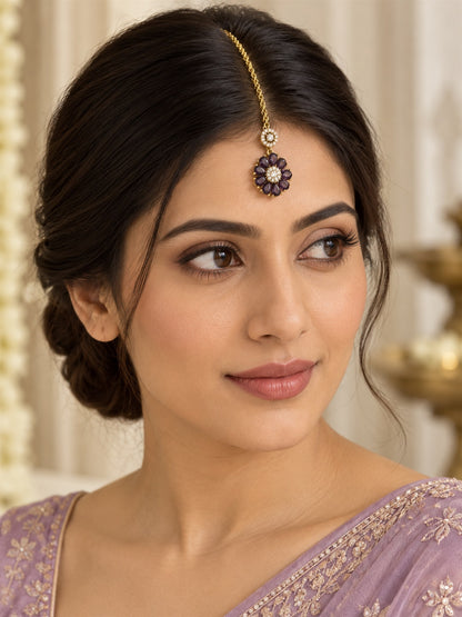 Purple Teardrop Floral Maang Tikka - Gold Plated, additional view 3