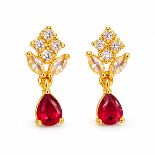 Red Teardrop Floral Drop Earrings - Gold Plated, product view