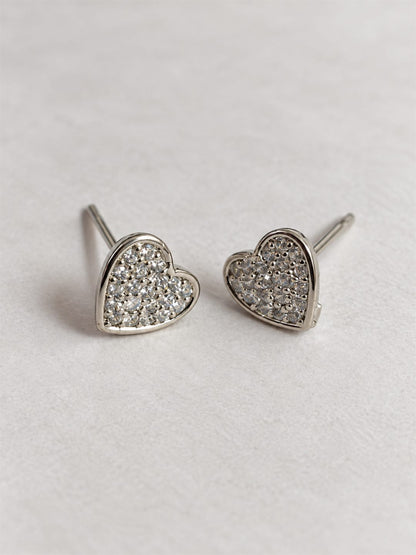 Clear Pave Heart Stud Earrings, silver plated, lifestyle view
