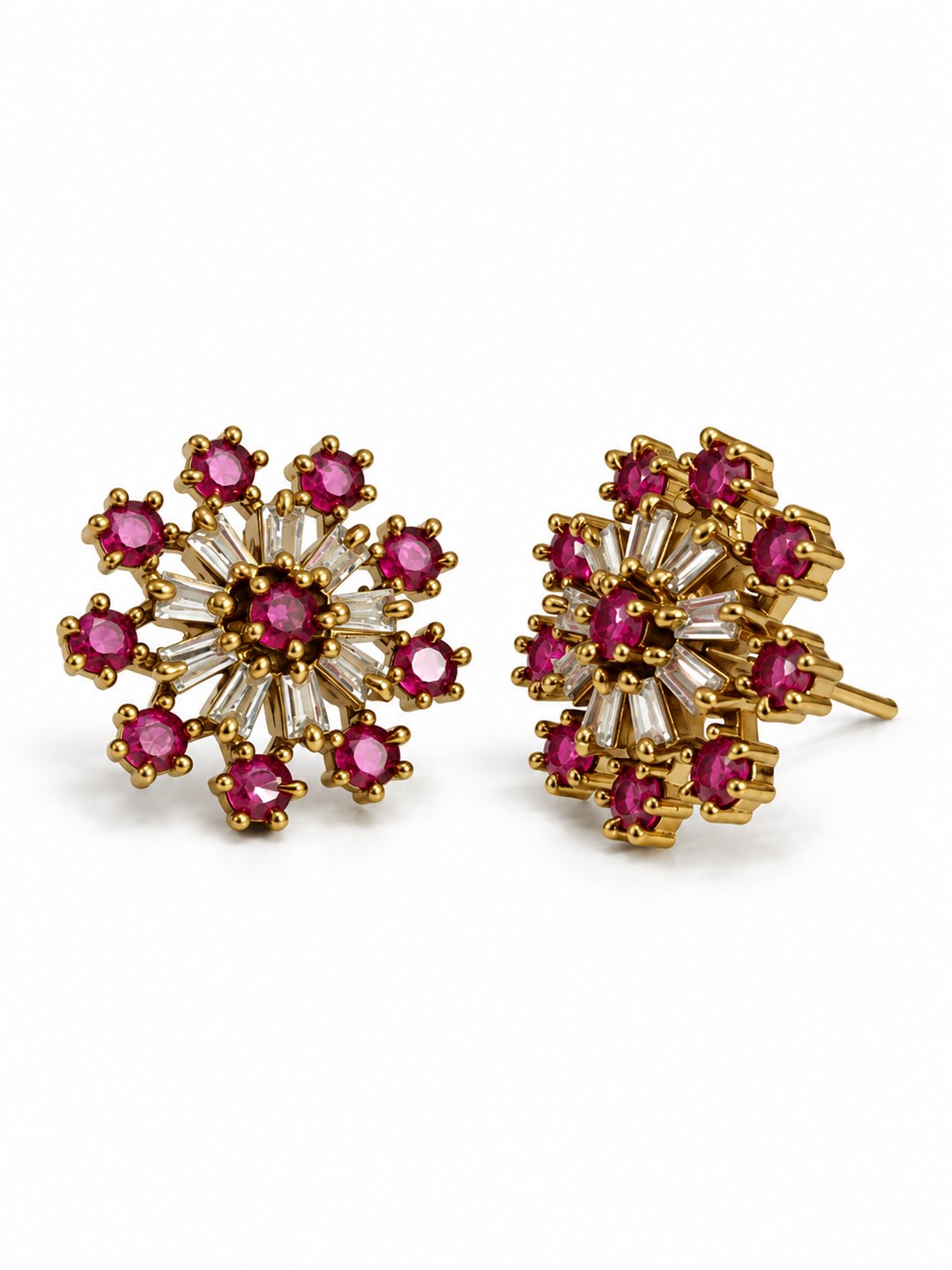 Pink Baguette Sunburst Stud Earrings, gold plated, alternate product view
