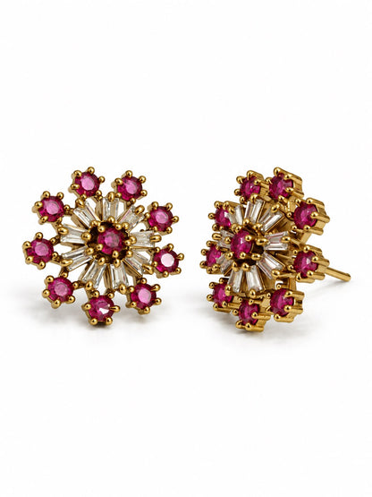 Pink Baguette Sunburst Stud Earrings, gold plated, alternate product view