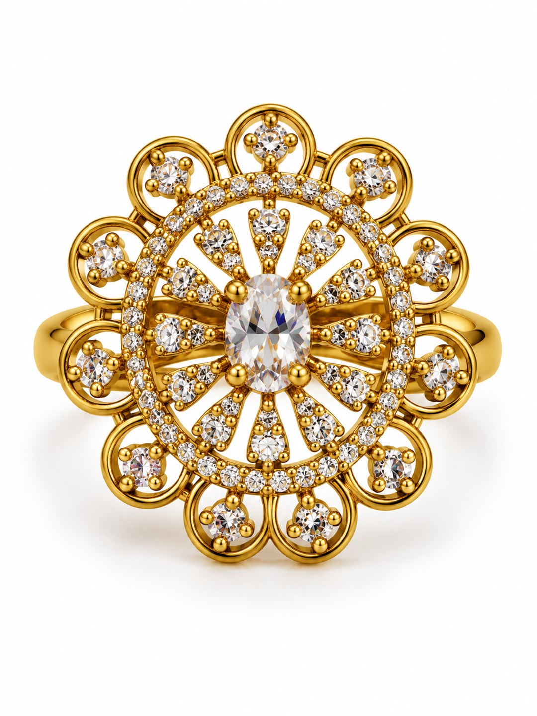 Clear Stone Scalloped Floral Ring - Gold Plated, additional view 4