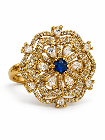 Blue Stone Scalloped Floral Halo Ring - Gold Plated, additional view 2