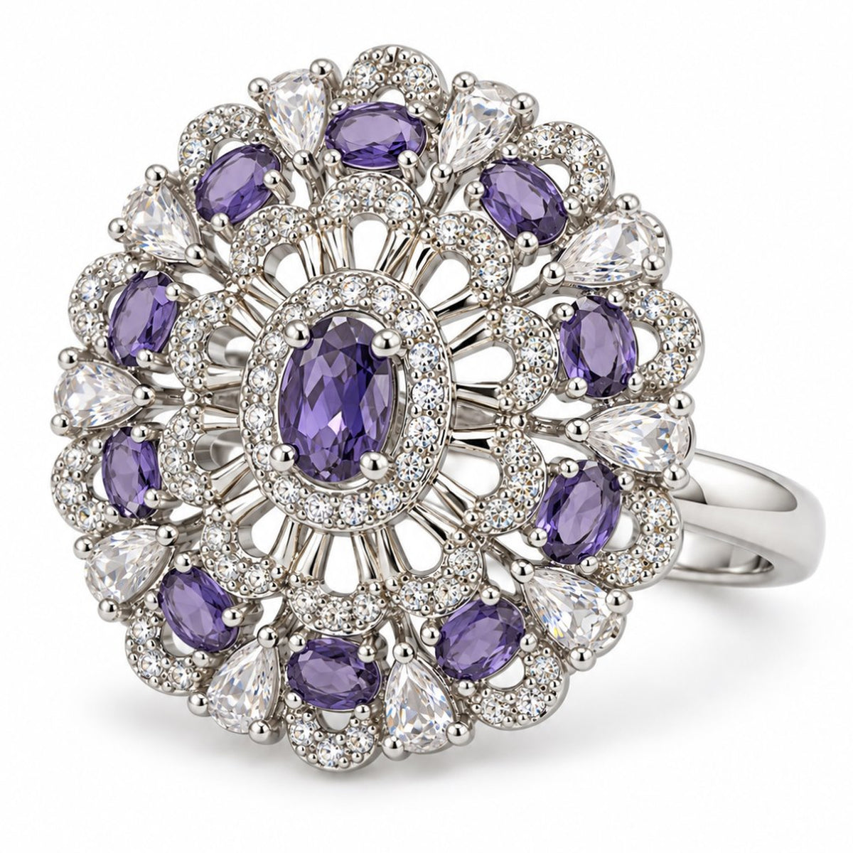Purple Oval Center Floral Cluster Ring - Silver Plated - product view