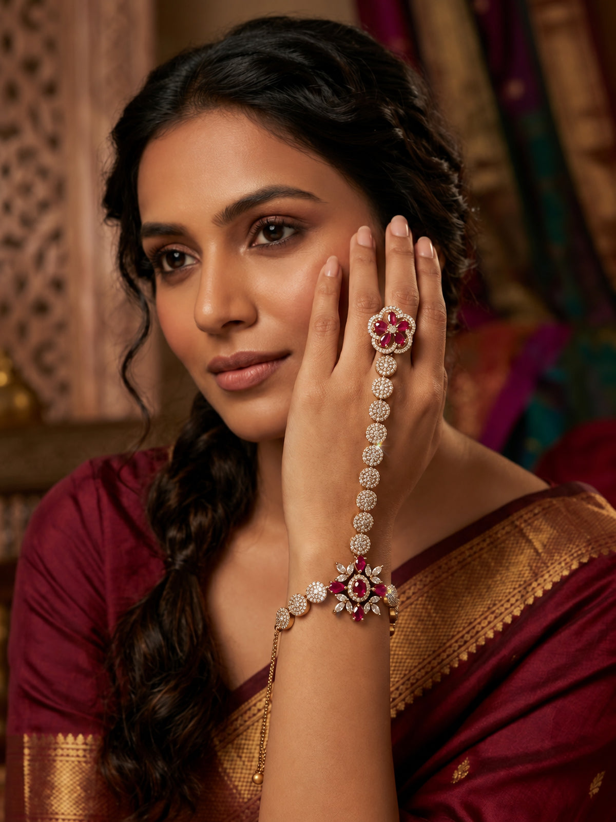 Red Floral Round-Stone Chain Hathphool - Mehndi Plated worn on hand