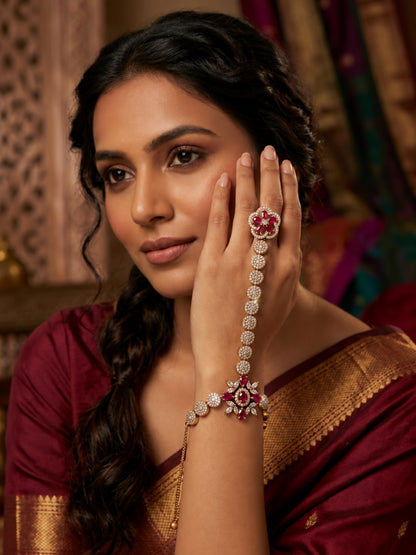 Red Floral Round-Stone Chain Hathphool - Mehndi Plated worn on hand