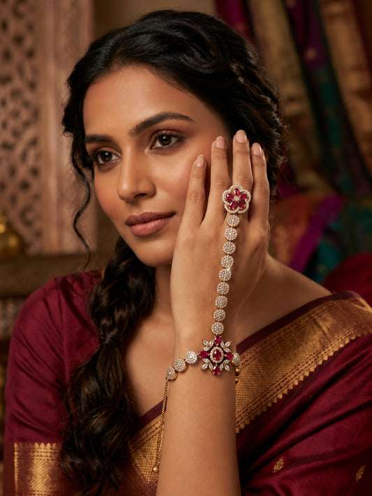 Red Floral Round-Stone Chain Hathphool - Mehndi Plated worn on hand