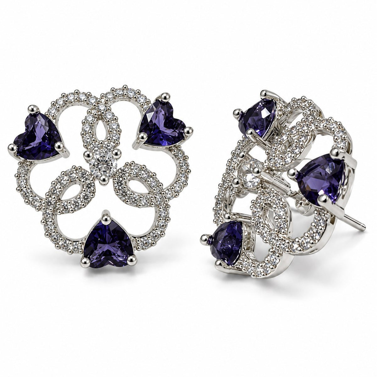 Purple Heart Stone Openwork Floral Stud Earrings in silver plating