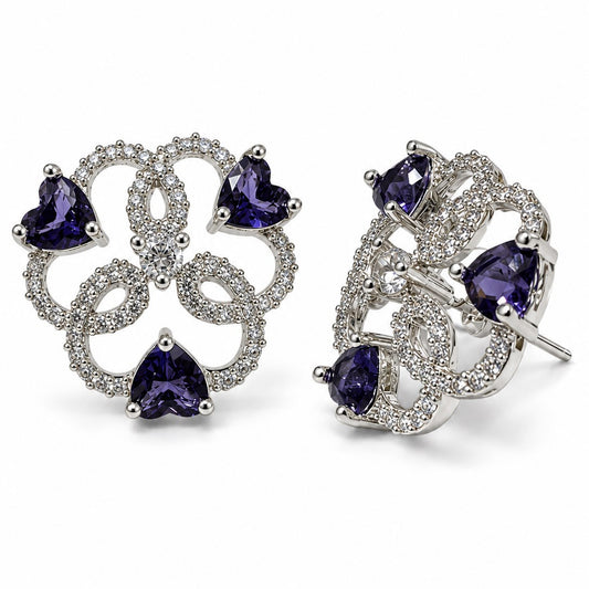 Purple Heart Stone Openwork Floral Stud Earrings in silver plating