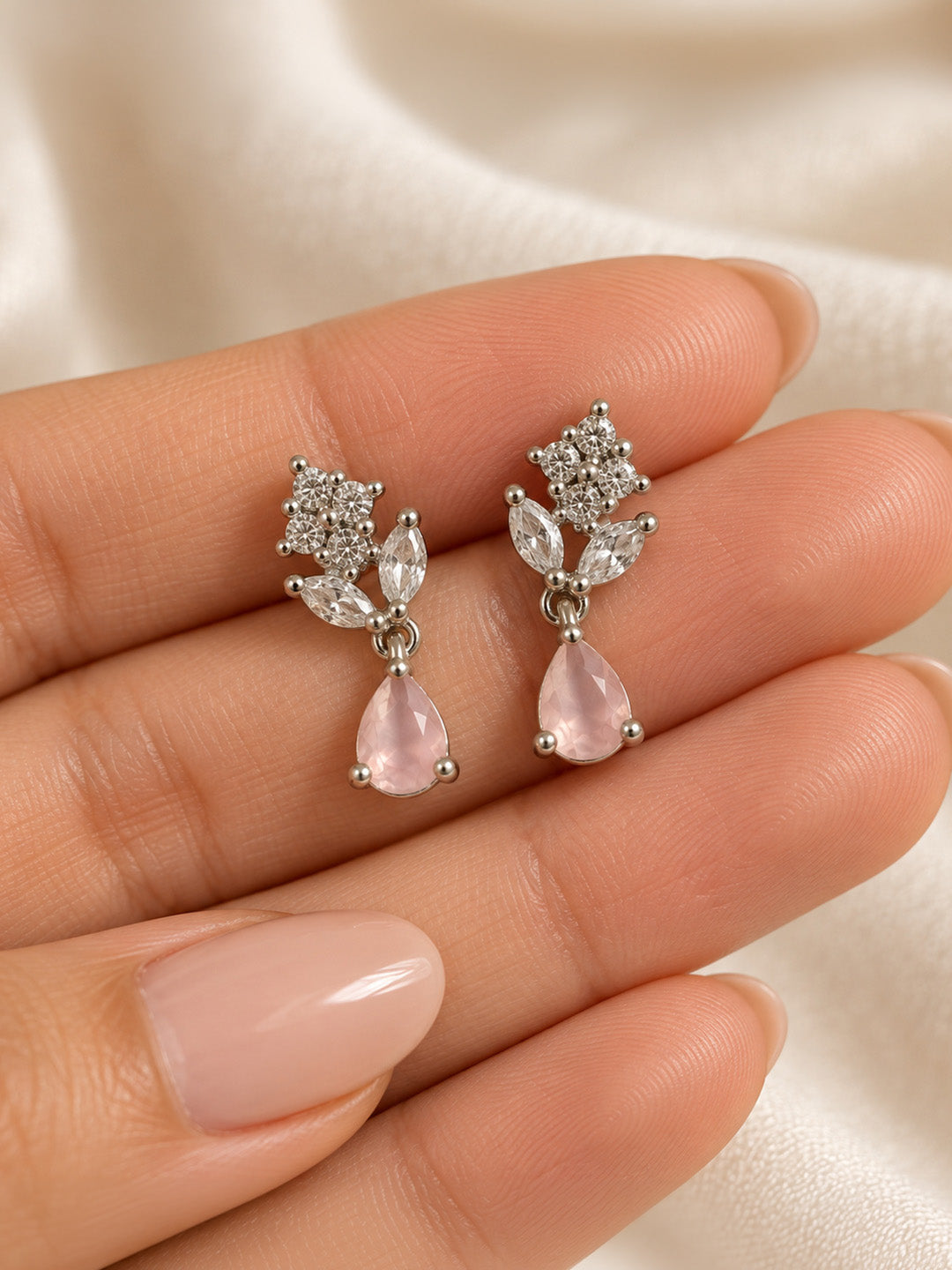 Pink Teardrop Floral Drop Earrings - Silver Plated, additional view 1