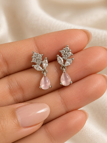 Pink Teardrop Floral Drop Earrings - Silver Plated, additional view 1