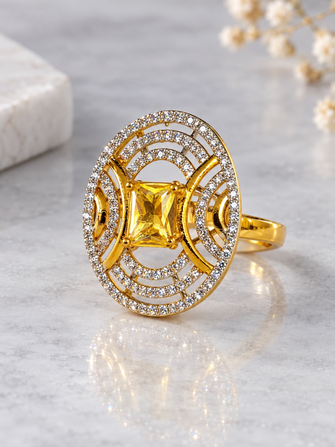 Yellow Center Stone Oval Geometric Halo Ring - Gold Plated