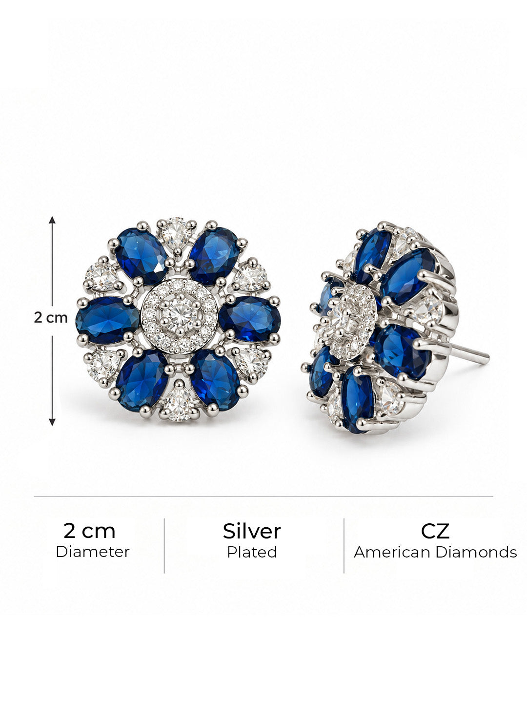 Blue Oval Stone Floral Stud Earrings in silver plating