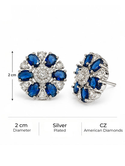 Blue Oval Stone Floral Stud Earrings in silver plating