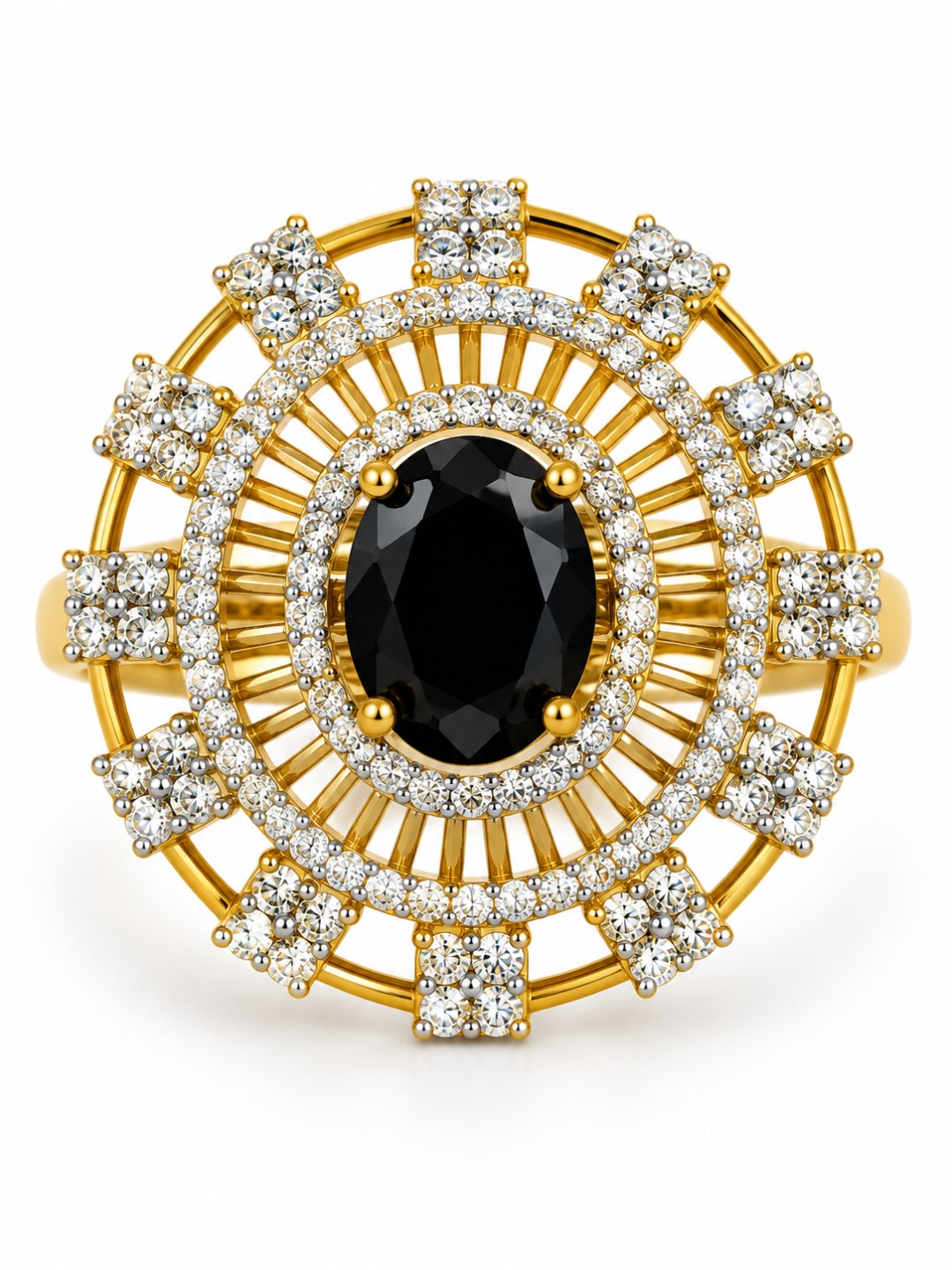 Black Center Stone Baguette Halo Ring - Gold Plated