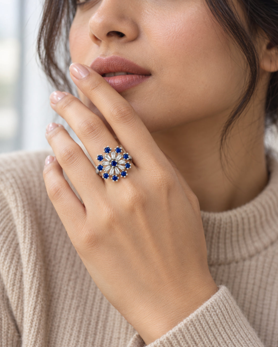 Blue Floral Starburst Ring - Silver Plated worn on hand