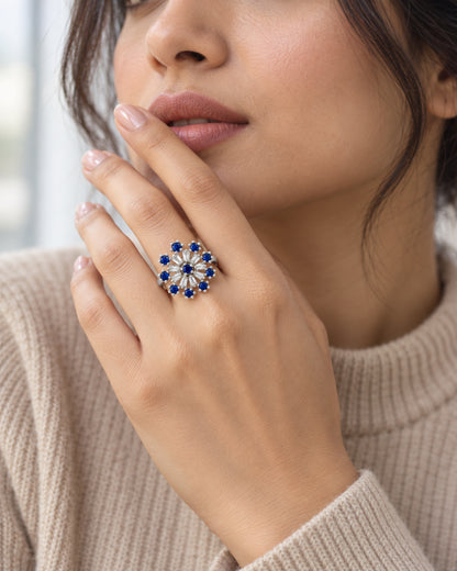 Blue Floral Starburst Ring - Silver Plated worn on hand