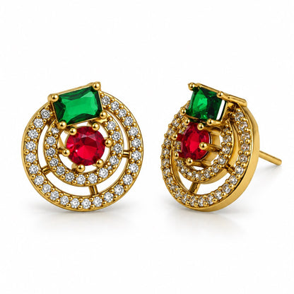 Green and Red Stone Double Halo Stud Earrings, gold plated