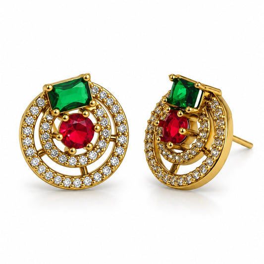 Green and Red Stone Double Halo Stud Earrings, gold plated