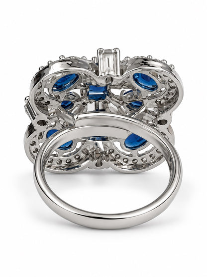 Blue Square Center Quatrefoil Ring - Silver Plated - alternate view